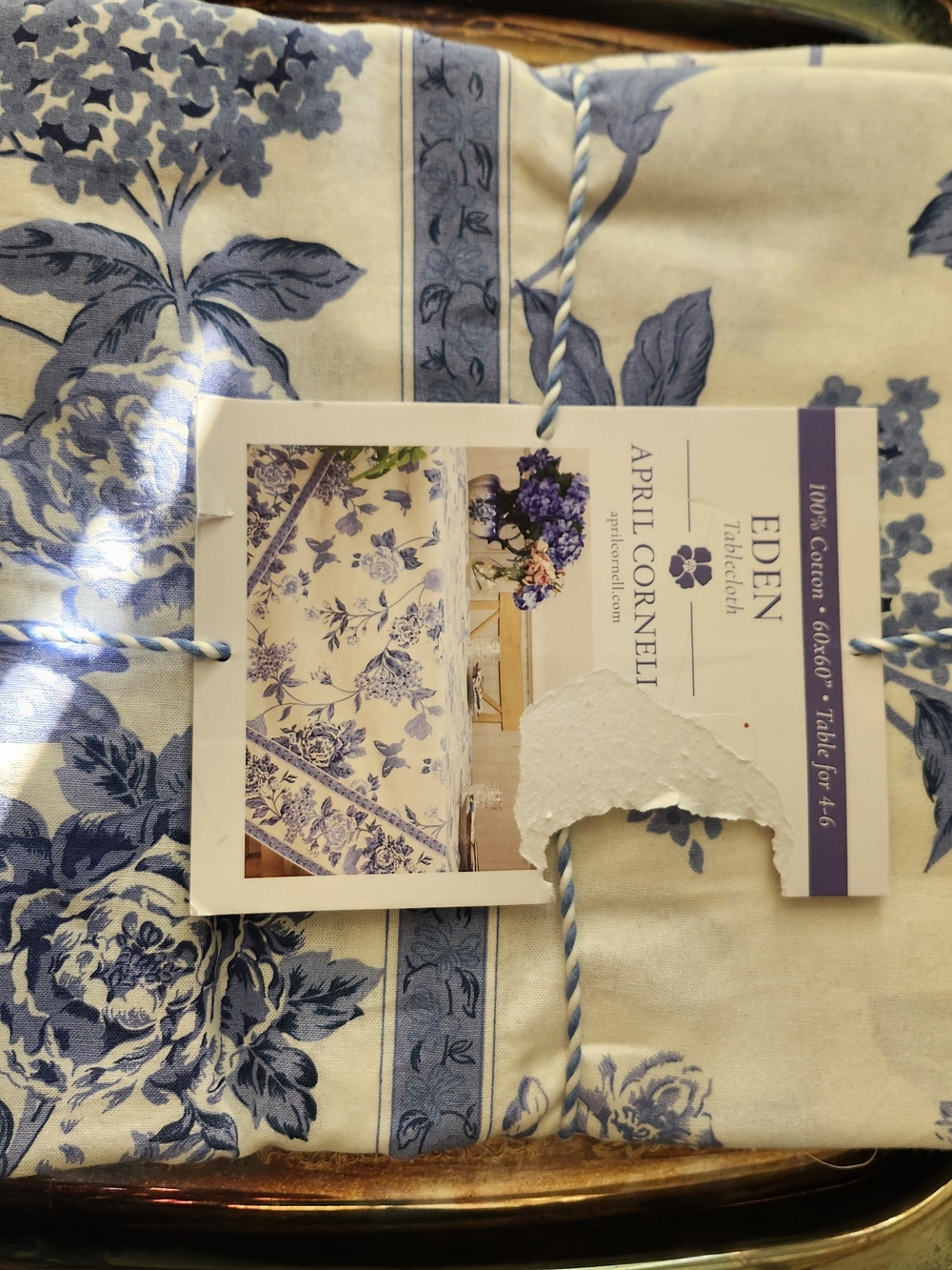April Cornell Blue and Cream Floral Cotton Tablecloth 60x60 Cotton